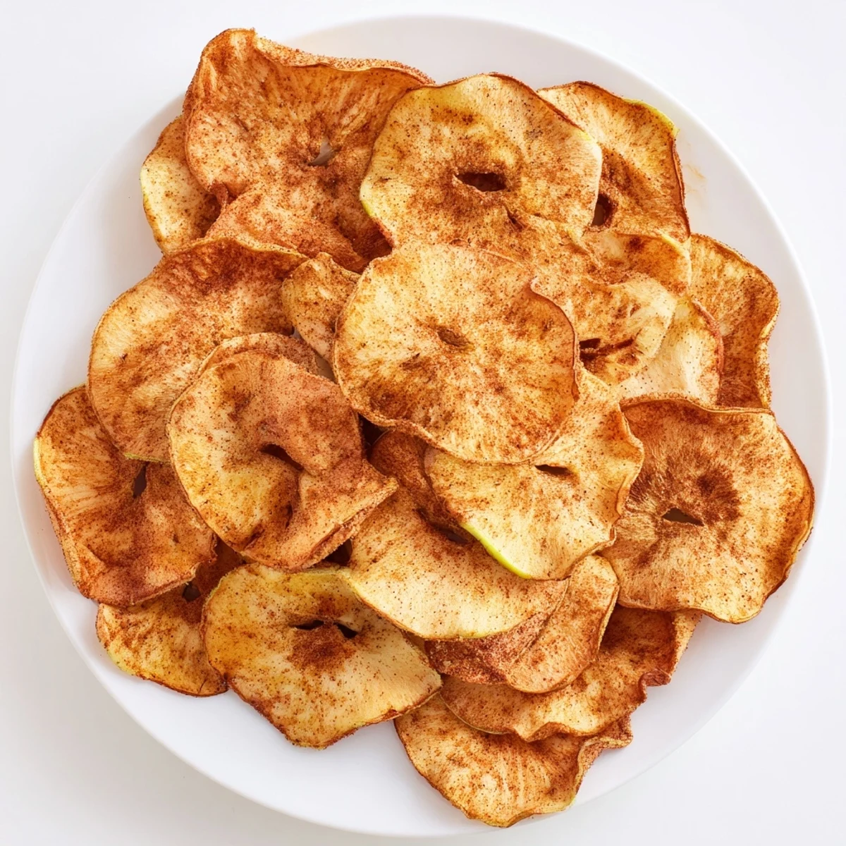 Golden brown crispy air fryer apple chips dusted with warm cinnamon on a white plate