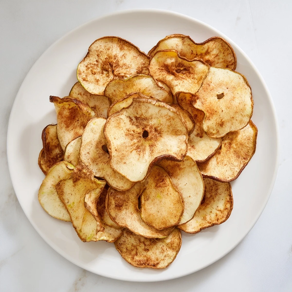 Thinly sliced apple chips arranged in a basket after air frying to crunchy perfection
