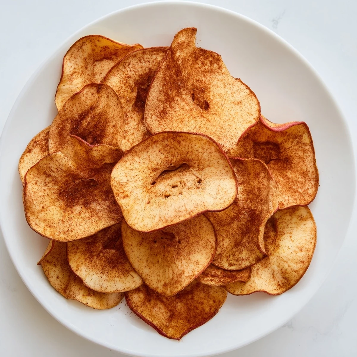 Hand holding a translucent cinnamon apple chip against natural lighting to show crispiness