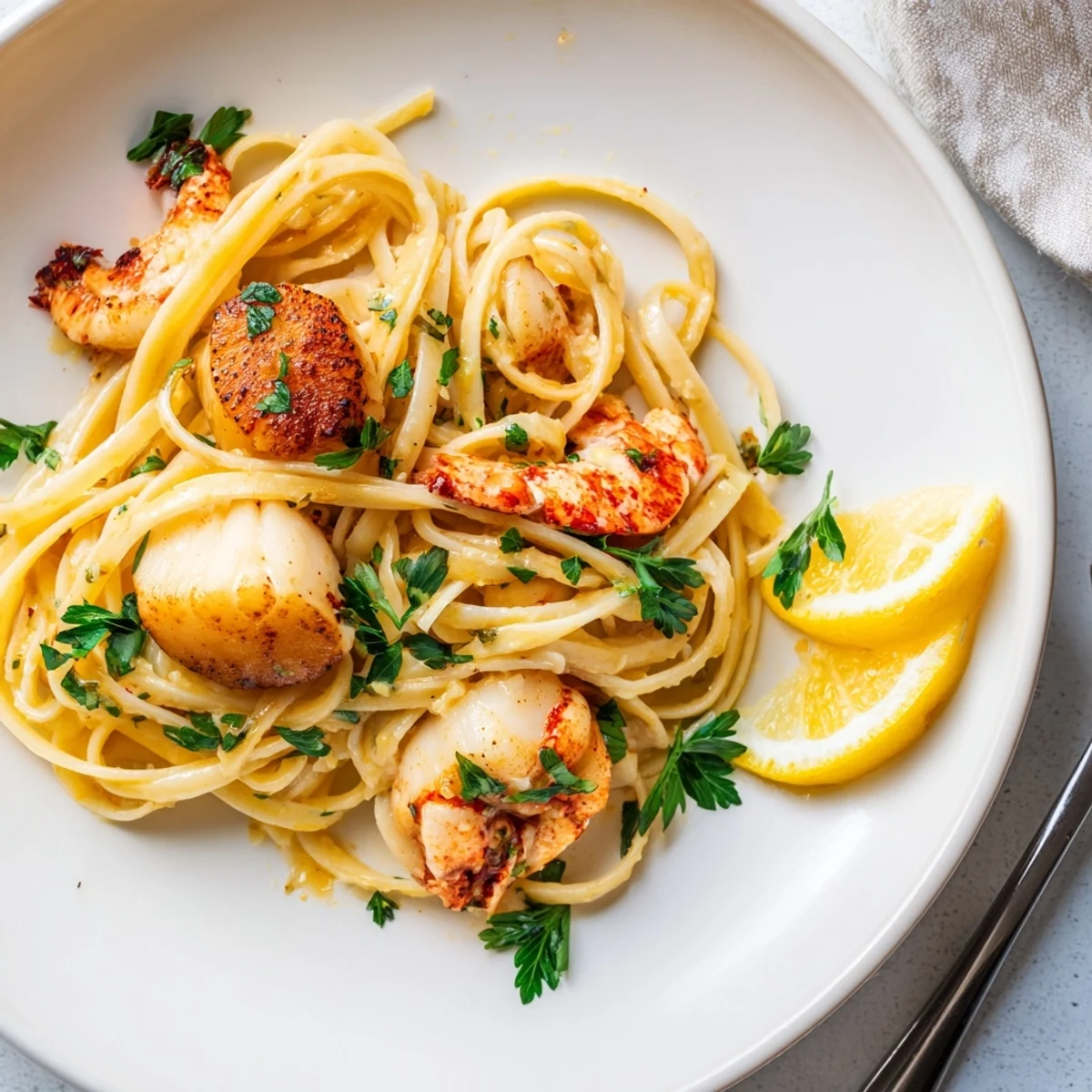 Golden lobster and scallop garlic butter linguine garnished with fresh parsley and lemon wedges