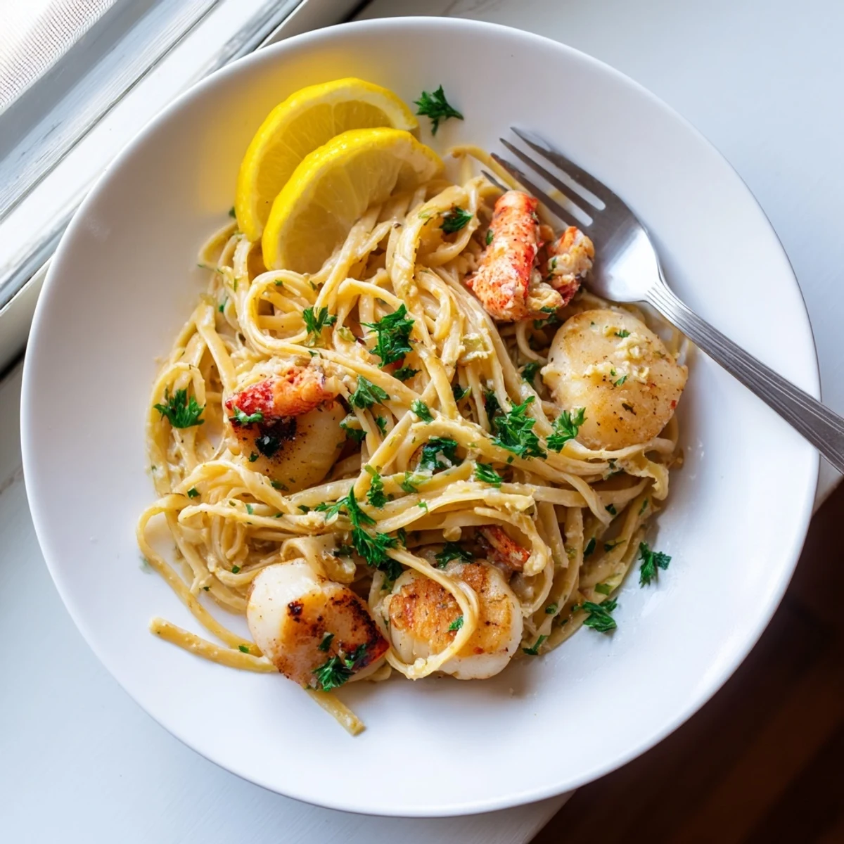 Creamy garlic butter linguine topped with tender lobster chunks and pan-seared scallops on white plate