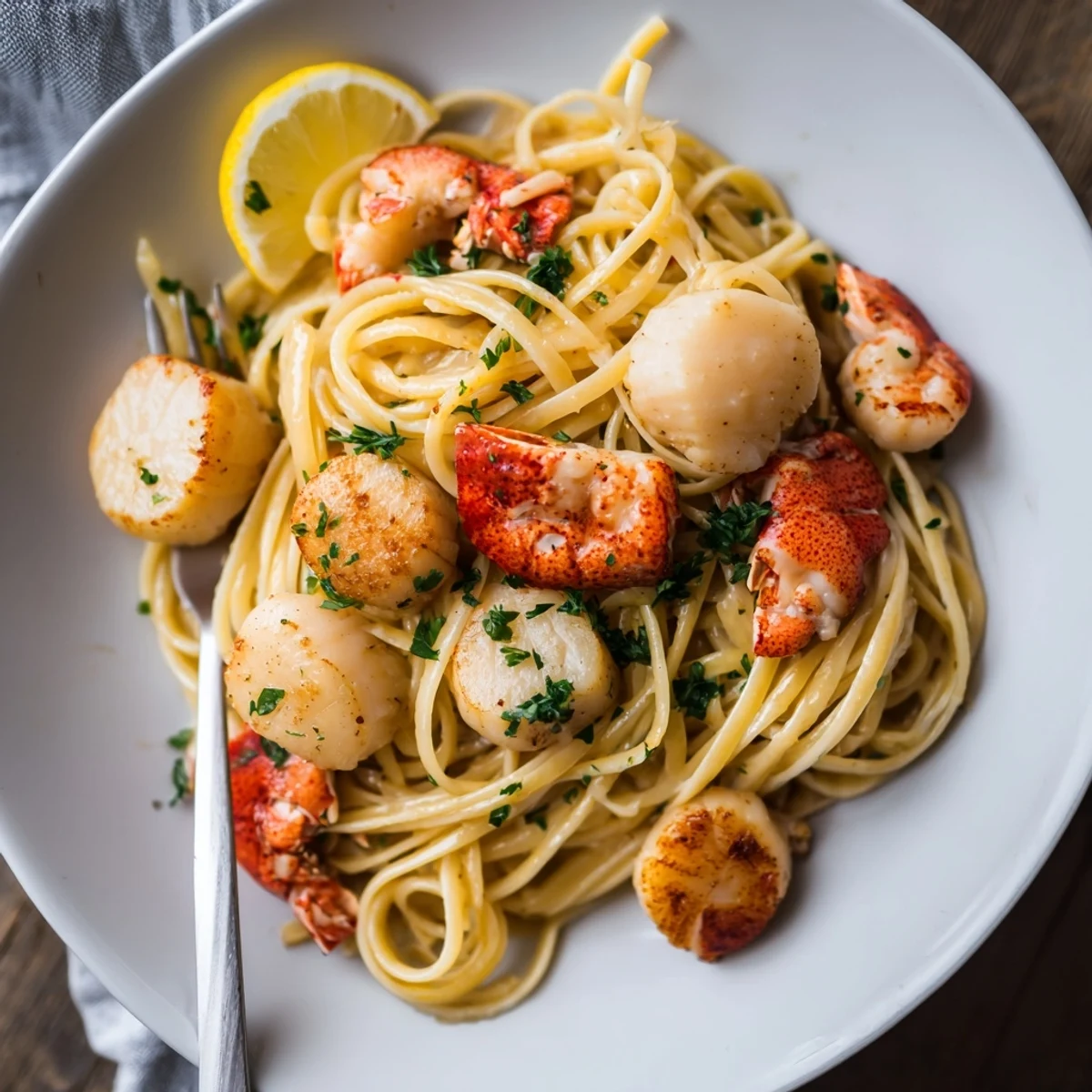 Steaming bowl of lobster and scallop garlic butter linguine tossed with herbs and lemon zest