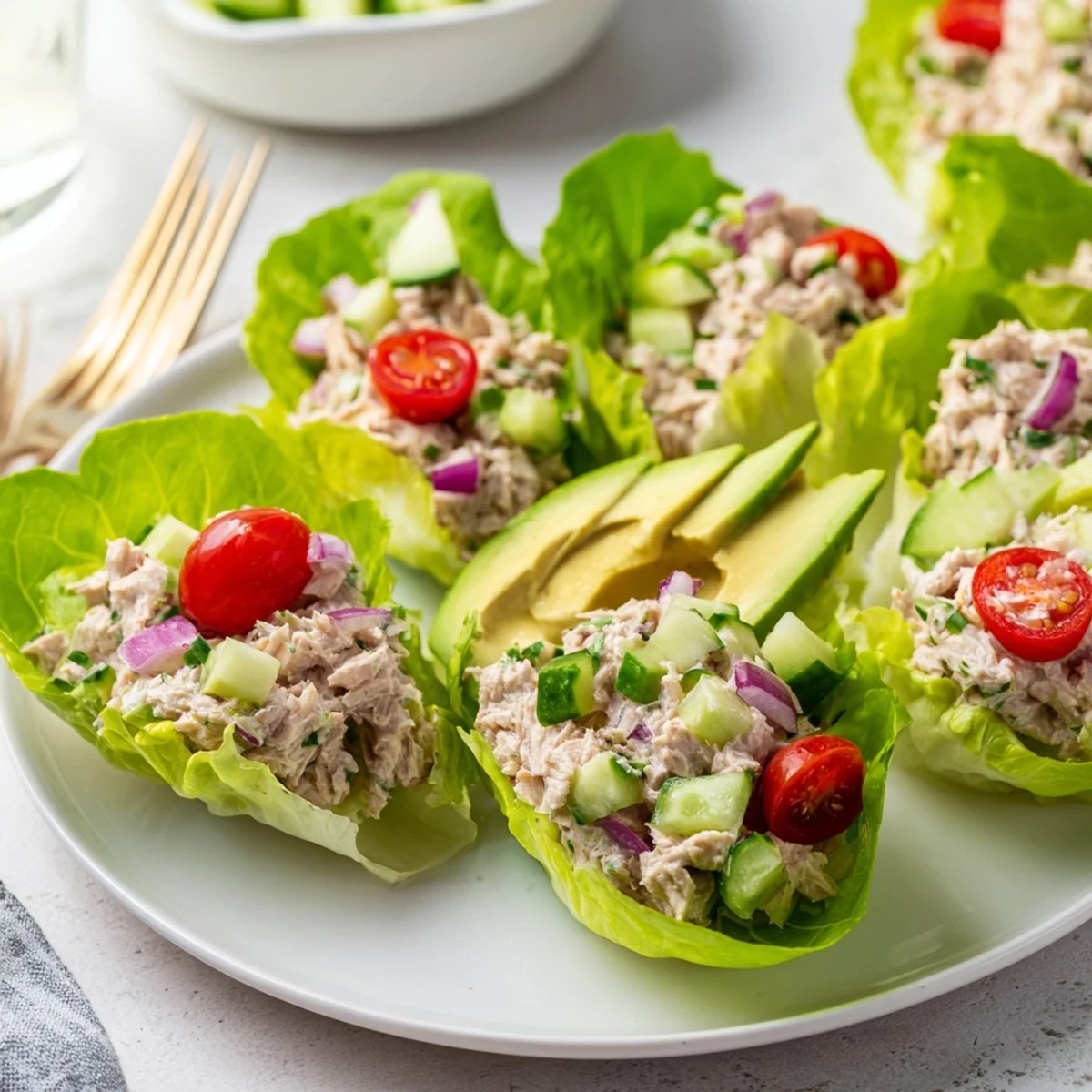 Zesty tuna salad lettuce wraps featuring diced vegetables and creamy Greek yogurt filling inside green cups