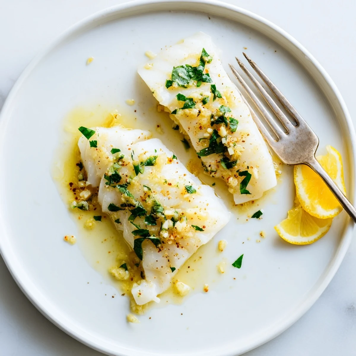Golden baked lemon garlic butter cod fillets garnished with fresh parsley and lemon wedges on a white plate