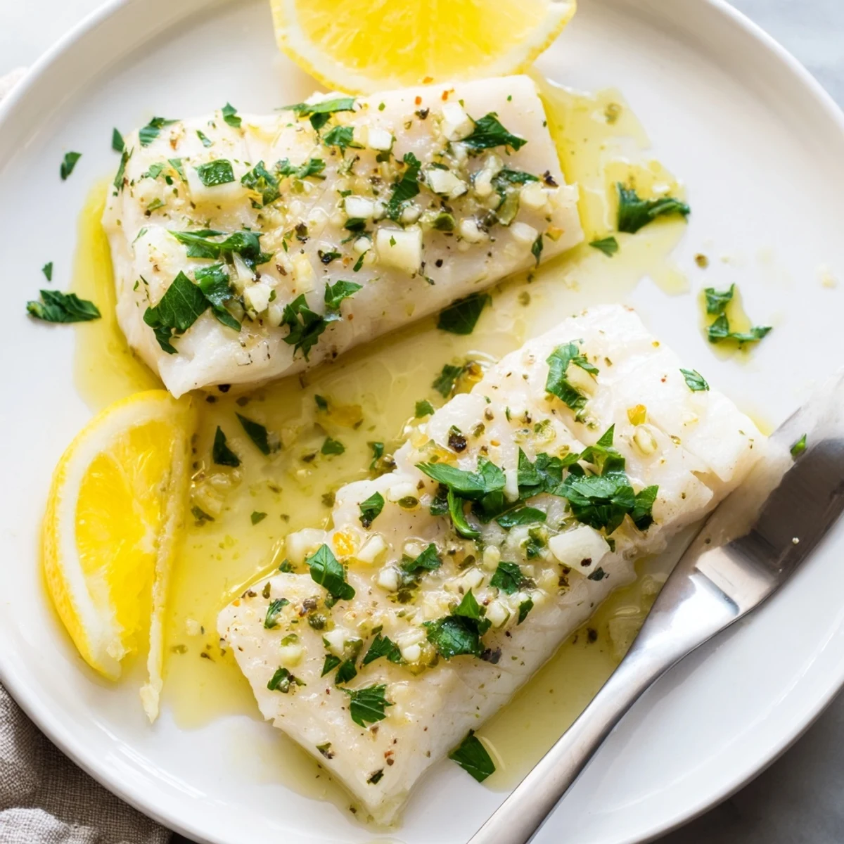 Gluten-free lemon garlic baked cod with melted butter sauce and red pepper flakes on a rustic wooden board