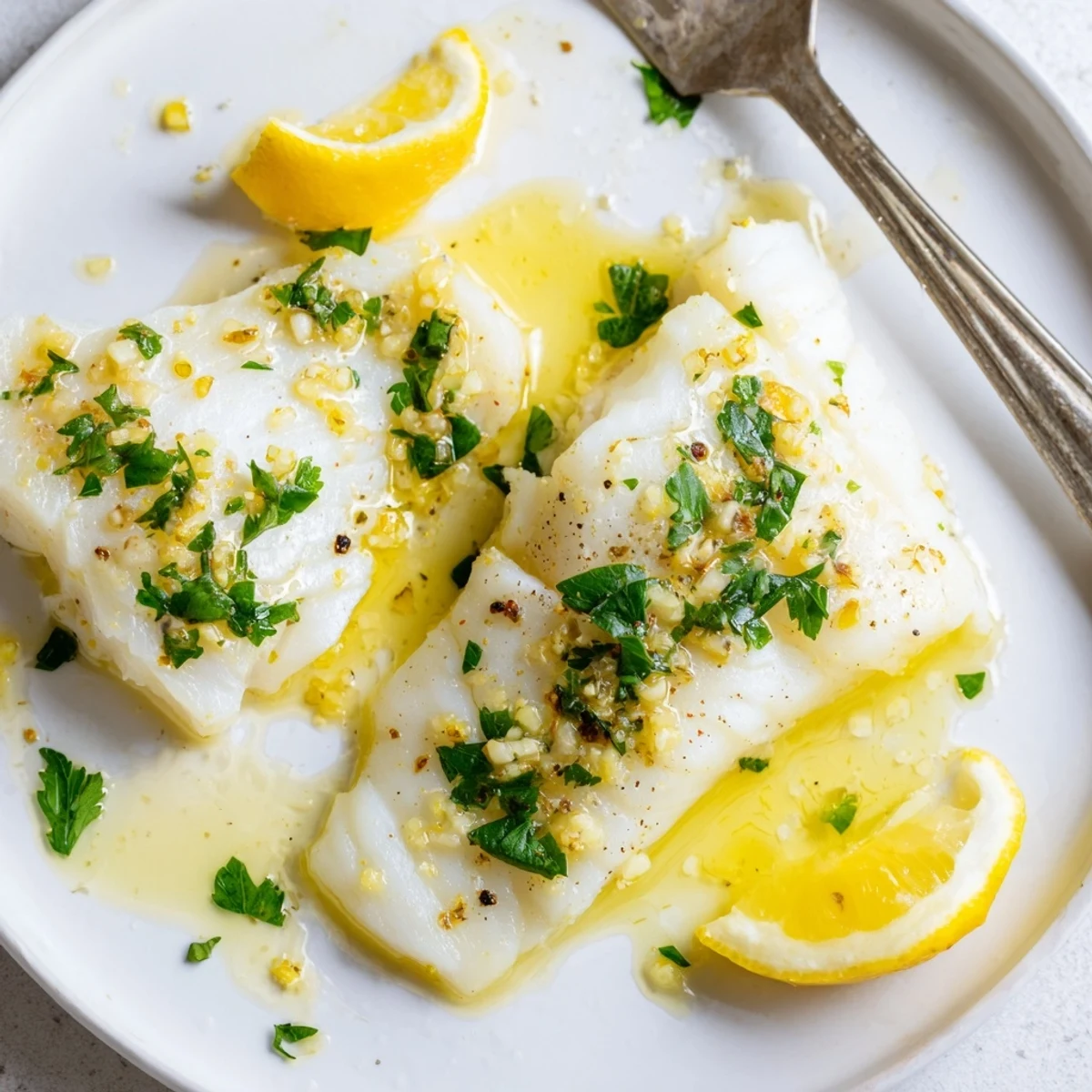 Tender flaky Mediterranean cod baked in bright lemon garlic butter sauce until perfectly opaque and golden