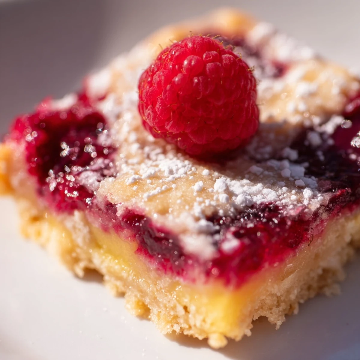 Golden raspberry lemonade bars with powdered sugar dusting on a white serving plate