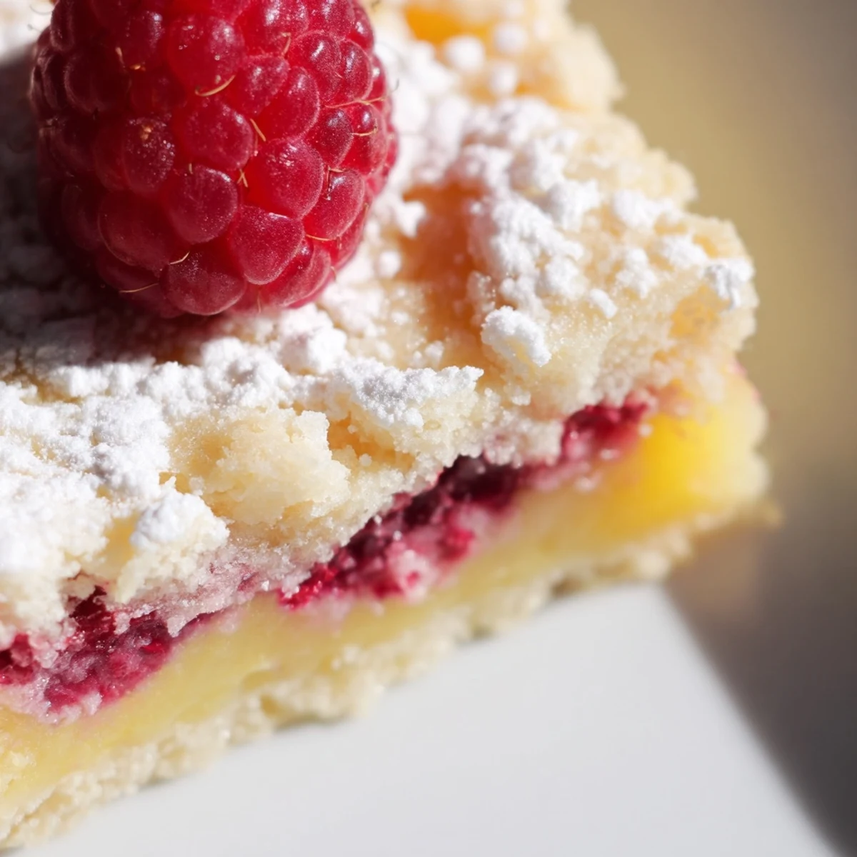 Buttery shortbread crust topped with bright pink raspberry lemonade filling and fresh berry garnish