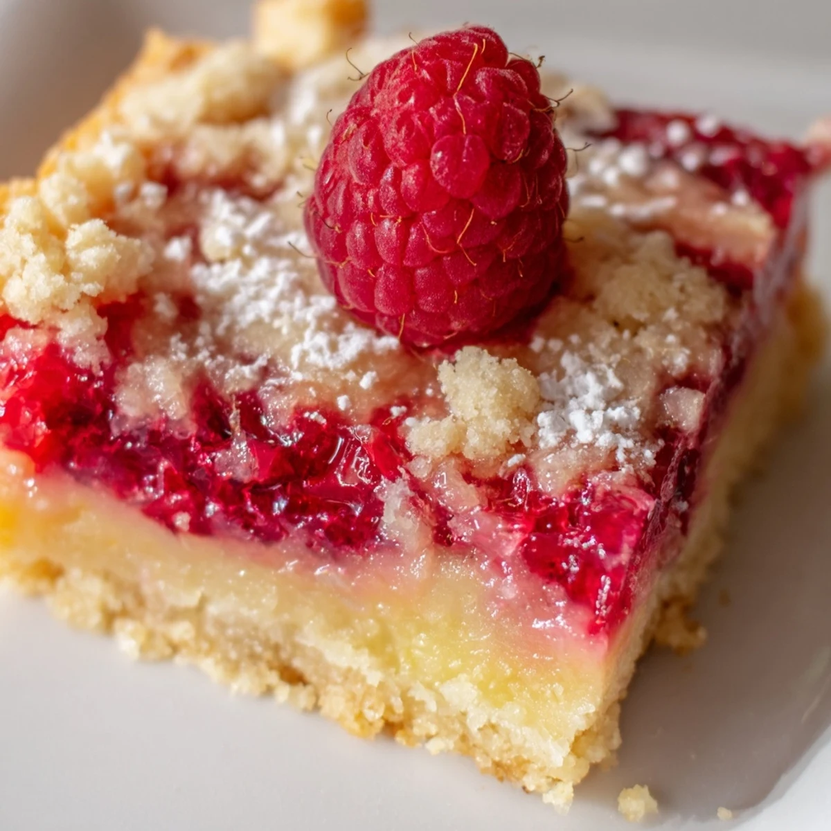 Homemade raspberry lemonade bars cut into squares with raspberries and lemon zest sprinkled on top