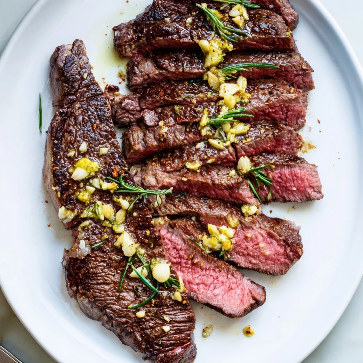 Golden brown garlic butter cast iron ribeye steak sizzling in a hot skillet with fresh herbs