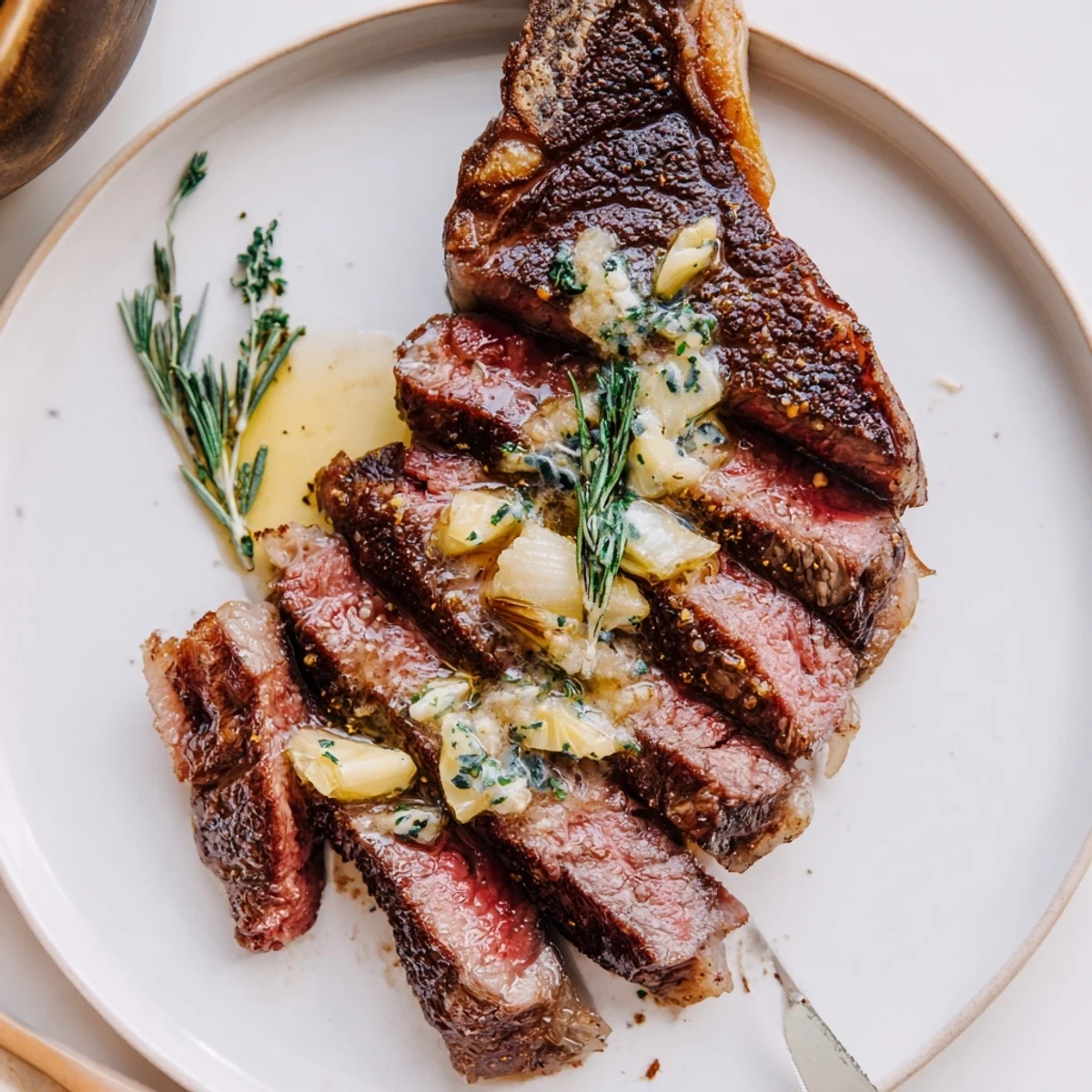 Perfectly seared ribeye steak topped with melted garlic butter and fresh thyme sprigs in cast iron