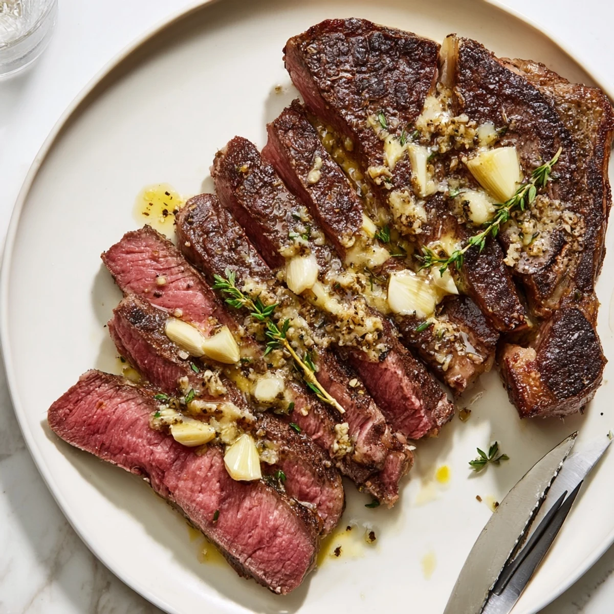 Juicy medium-rare cast iron ribeye steak basted with aromatic garlic butter and served on a white plate