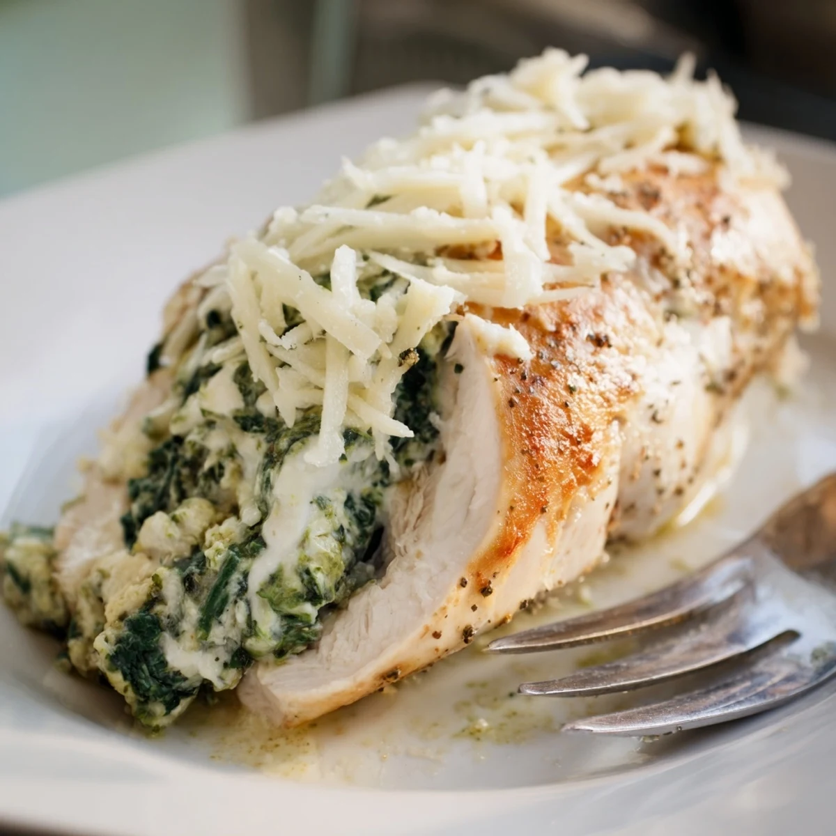 Juicy stuffed chicken breast sliced open to reveal creamy green spinach and white ricotta filling