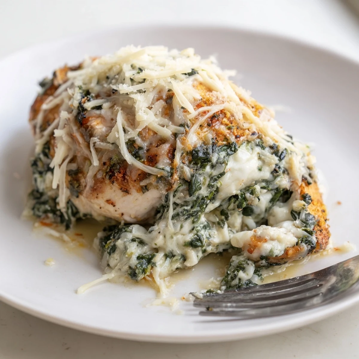 Golden baked spinach ricotta chicken breasts featuring melted mozzarella topping on a white ceramic baking dish