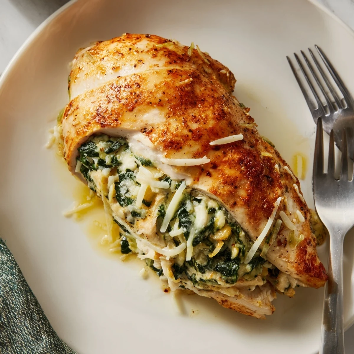 Weeknight dinner of stuffed baked chicken topped with golden cheese and fresh herbs on serving plate