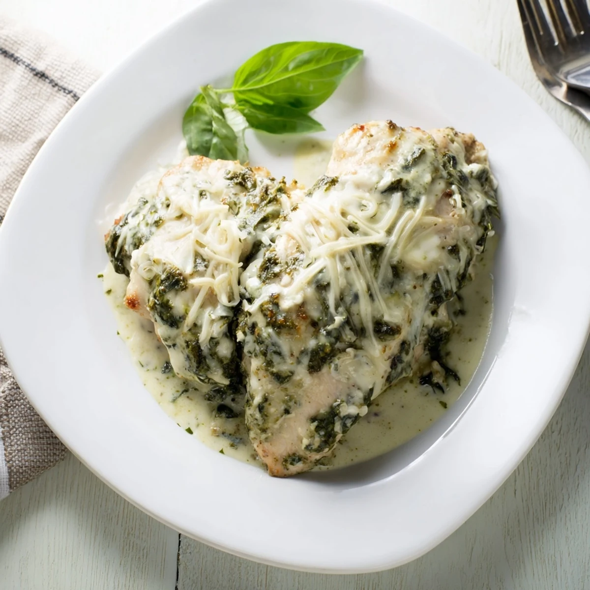 Golden brown pesto spinach artichoke chicken bake bubbling with melted mozzarella cheese in a ceramic baking dish