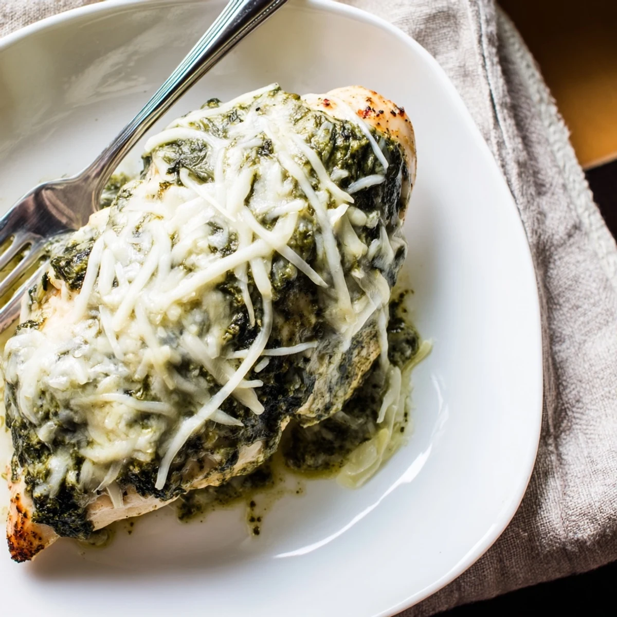 Creamy spinach and artichoke topped chicken breasts smothered in basil pesto and oven baked until cheese is golden