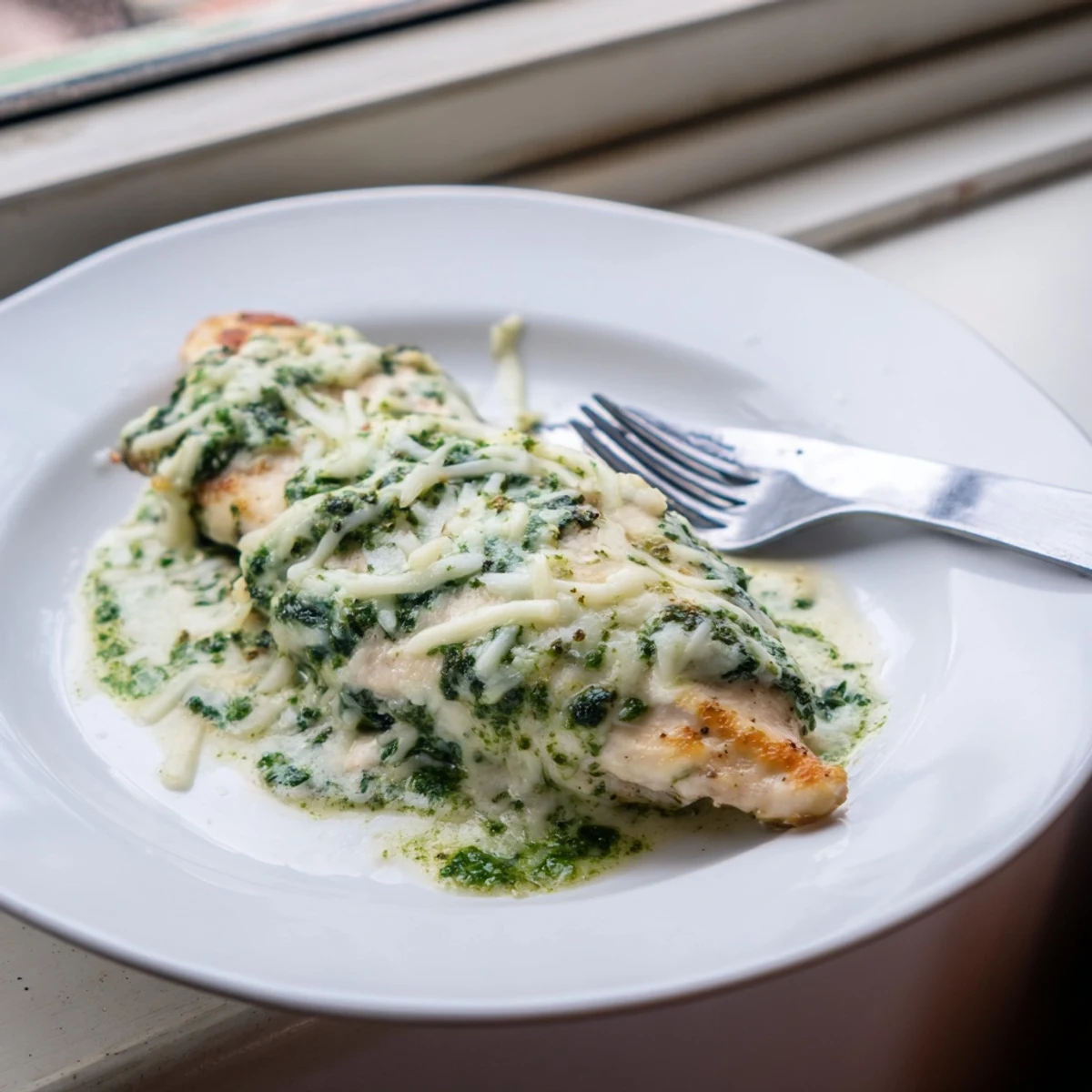 Family style pesto spinach artichoke chicken bake fresh from the oven with gooey melted cheese topping and vibrant green layers