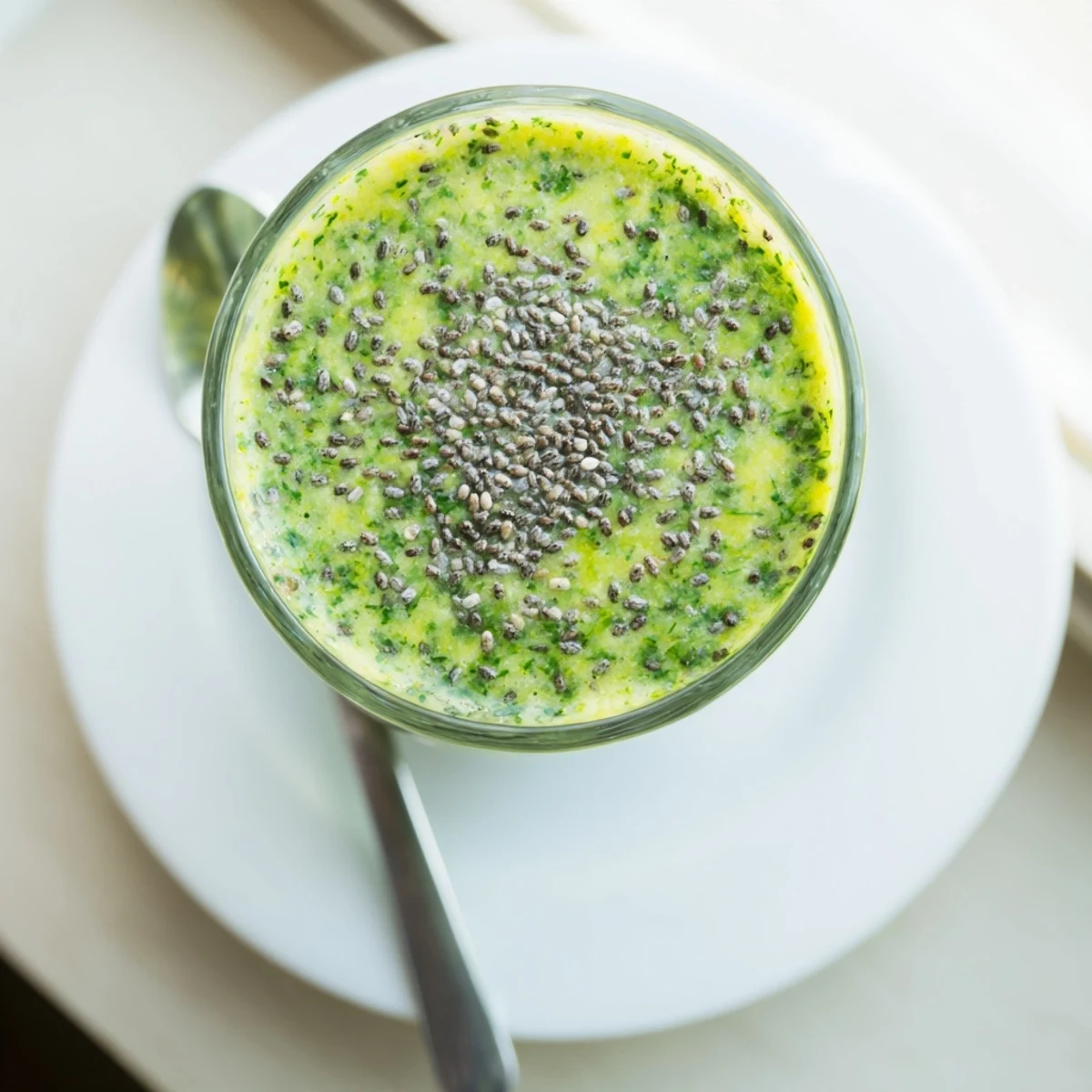 Thick creamy Greek yogurt green smoothie poured into a glass, vibrant green from fresh spinach