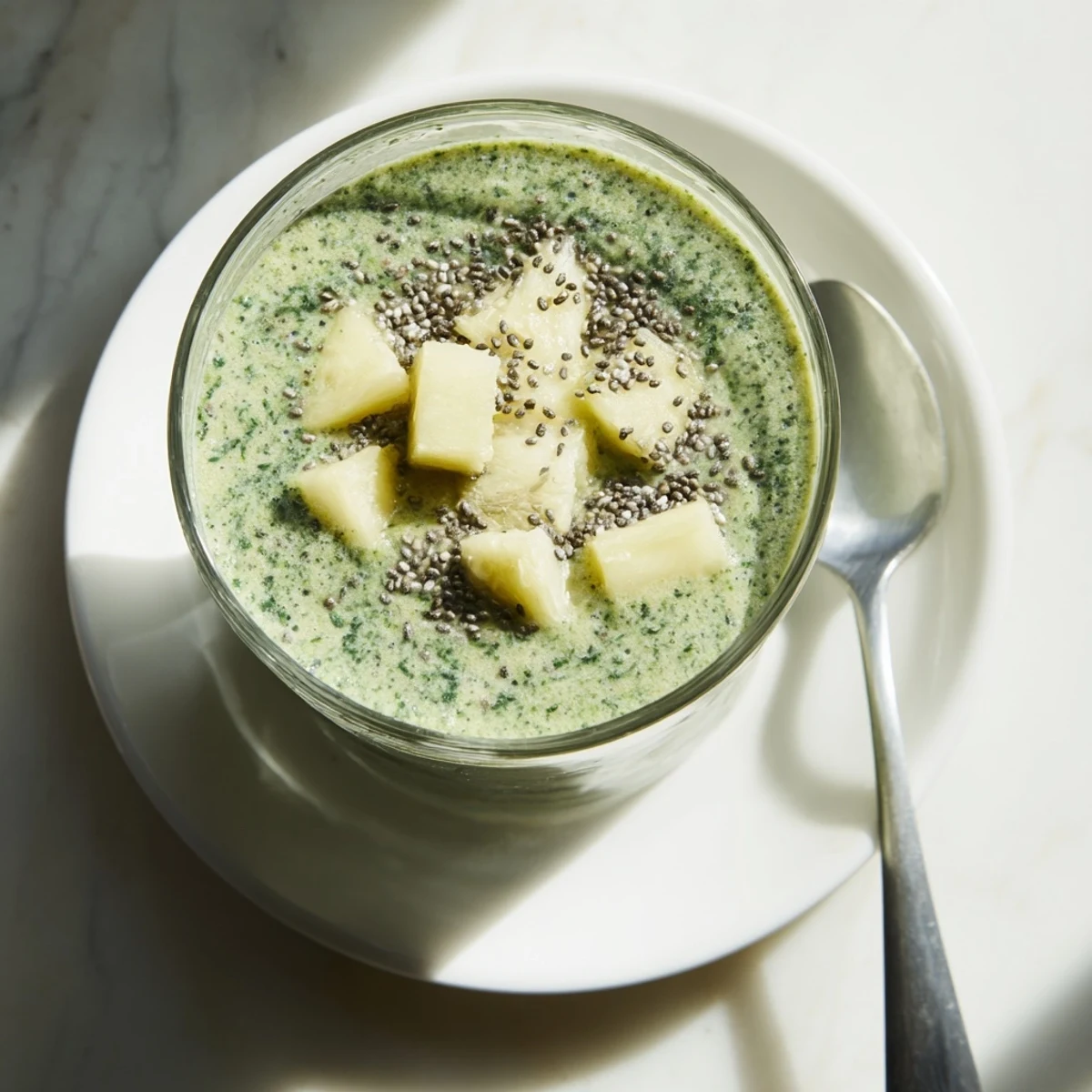 Refreshing Greek yogurt green smoothie blended with banana and pineapple, topped with chia seeds