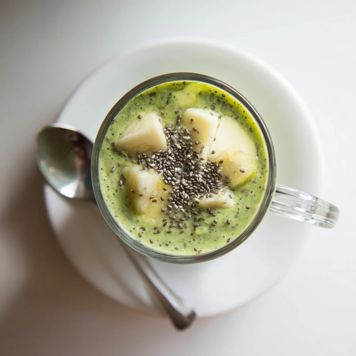 Healthy Greek yogurt green smoothie in a tall glass showing smooth creamy texture and bright color