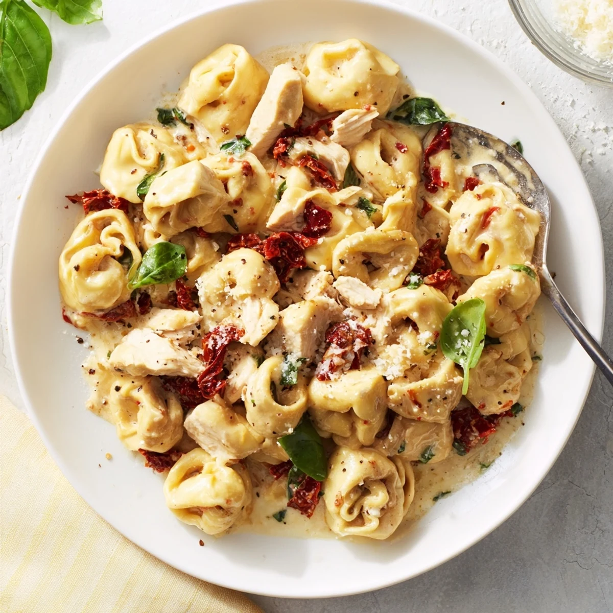 Creamy Marry Me Chicken Tortellini Skillet with sun-dried tomatoes and fresh basil garnish