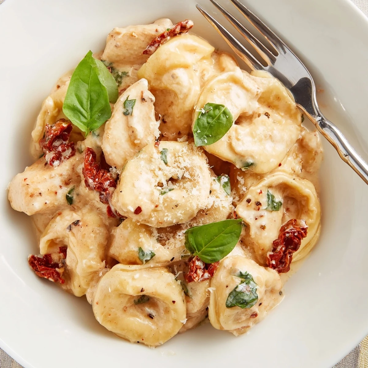 One-pan Marry Me Chicken Tortellini featuring tender pasta bites in savory tomato cream sauce