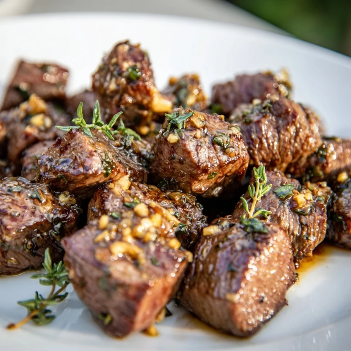 Tender garlic butter steak bites sizzling in a cast iron skillet with melted golden butter sauce