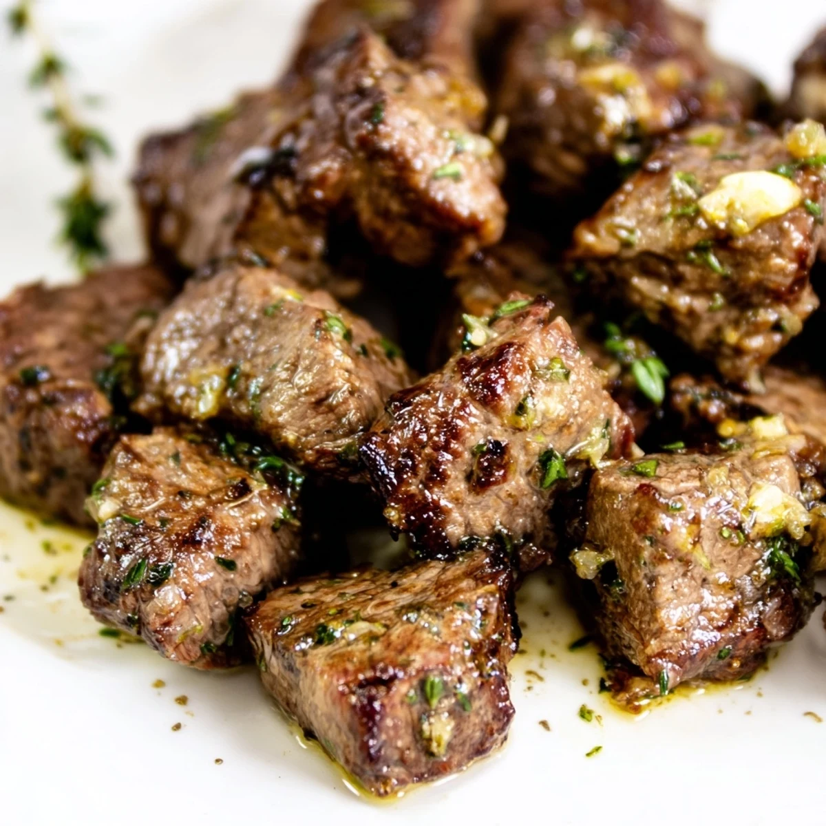 Golden brown garlic butter steak bites arranged on a white plate with herbs and glistening sauce