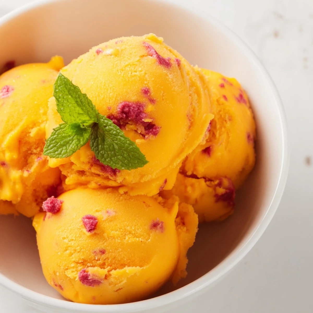Creamy mango strawberry sorbet scooped into bowls topped with fresh mint sprigs