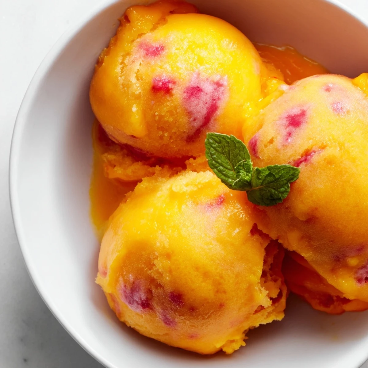 Vibrant yellow and pink mango strawberry sorbet swirling in chilled dessert glasses