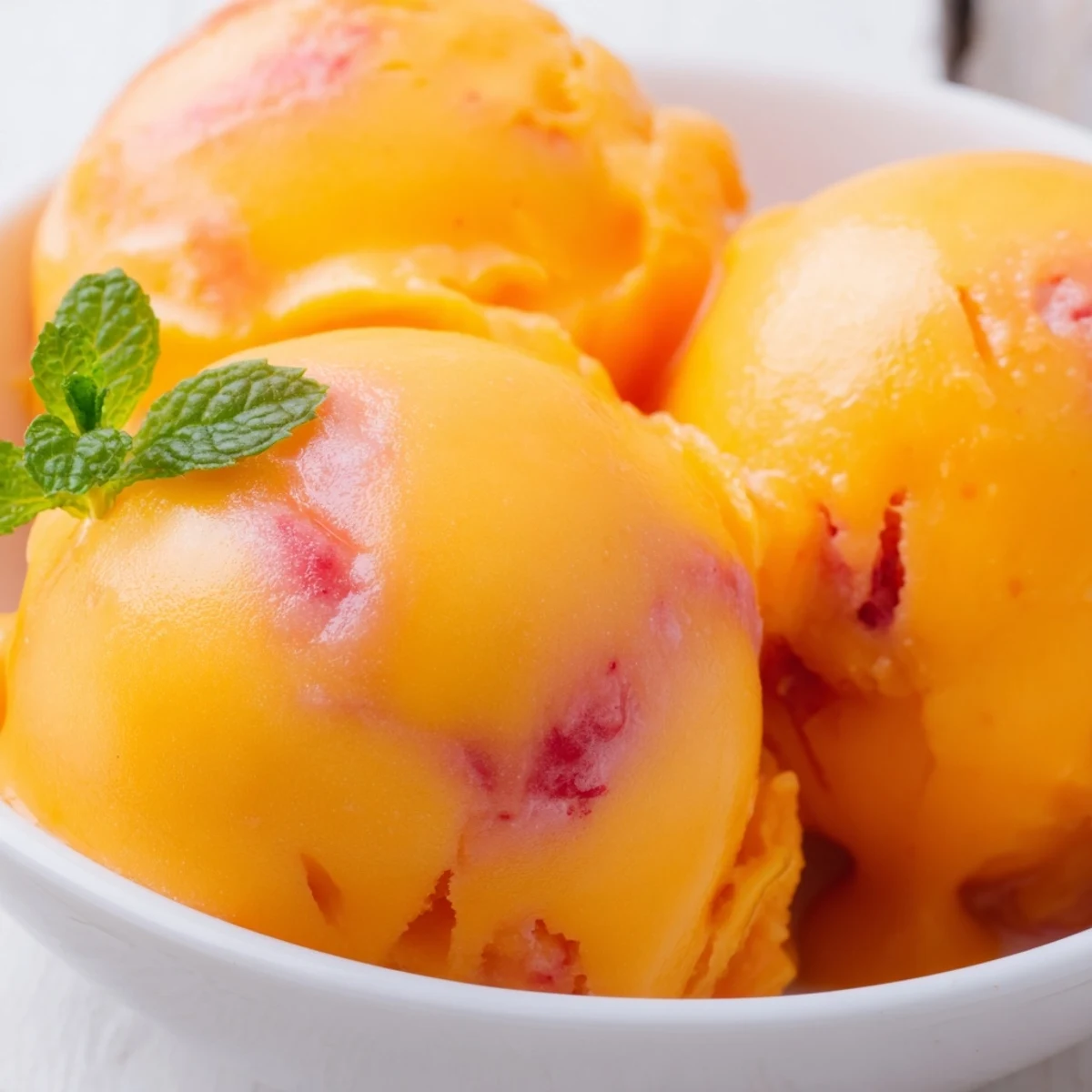 Homemade mango strawberry sorbet with chunky fruit pieces ready for summer scooping