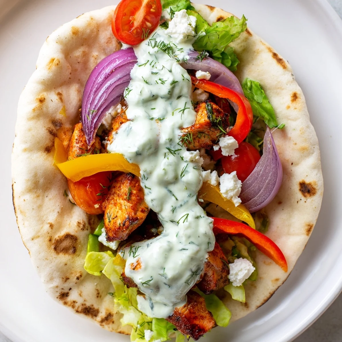 Family-friendly sheet pan chicken pitas loaded with tender roasted veggies and tangy homemade ranch sauce