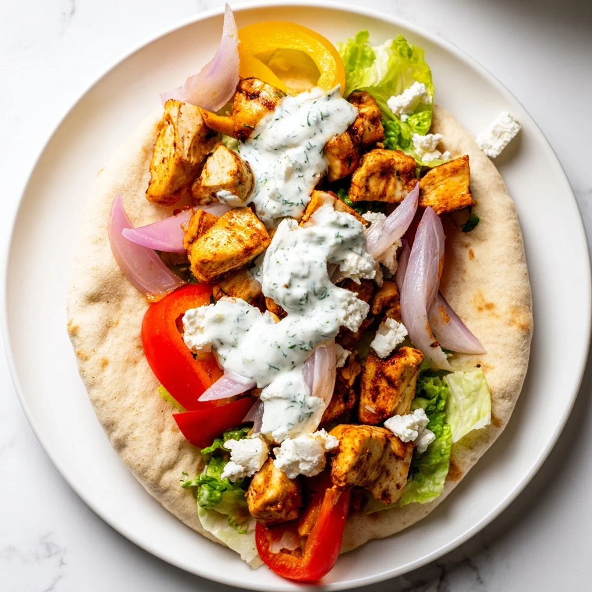 Golden roasted chicken and colorful vegetables stuffed into warm pita breads with creamy herby ranch drizzle