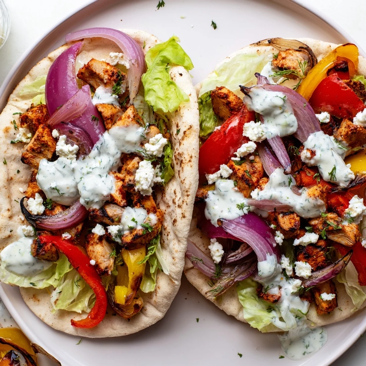 Juicy spiced chicken with charred bell peppers and onions nestled in soft pita pockets topped with fresh herbs