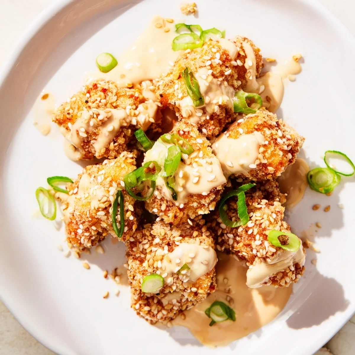 Golden crispy Bang Bang salmon bites coated in creamy spicy sauce with fresh chives