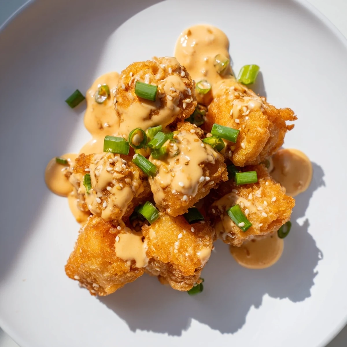 Tender fried salmon cubes tossed in sweet chili Bang Bang sauce with sesame garnish