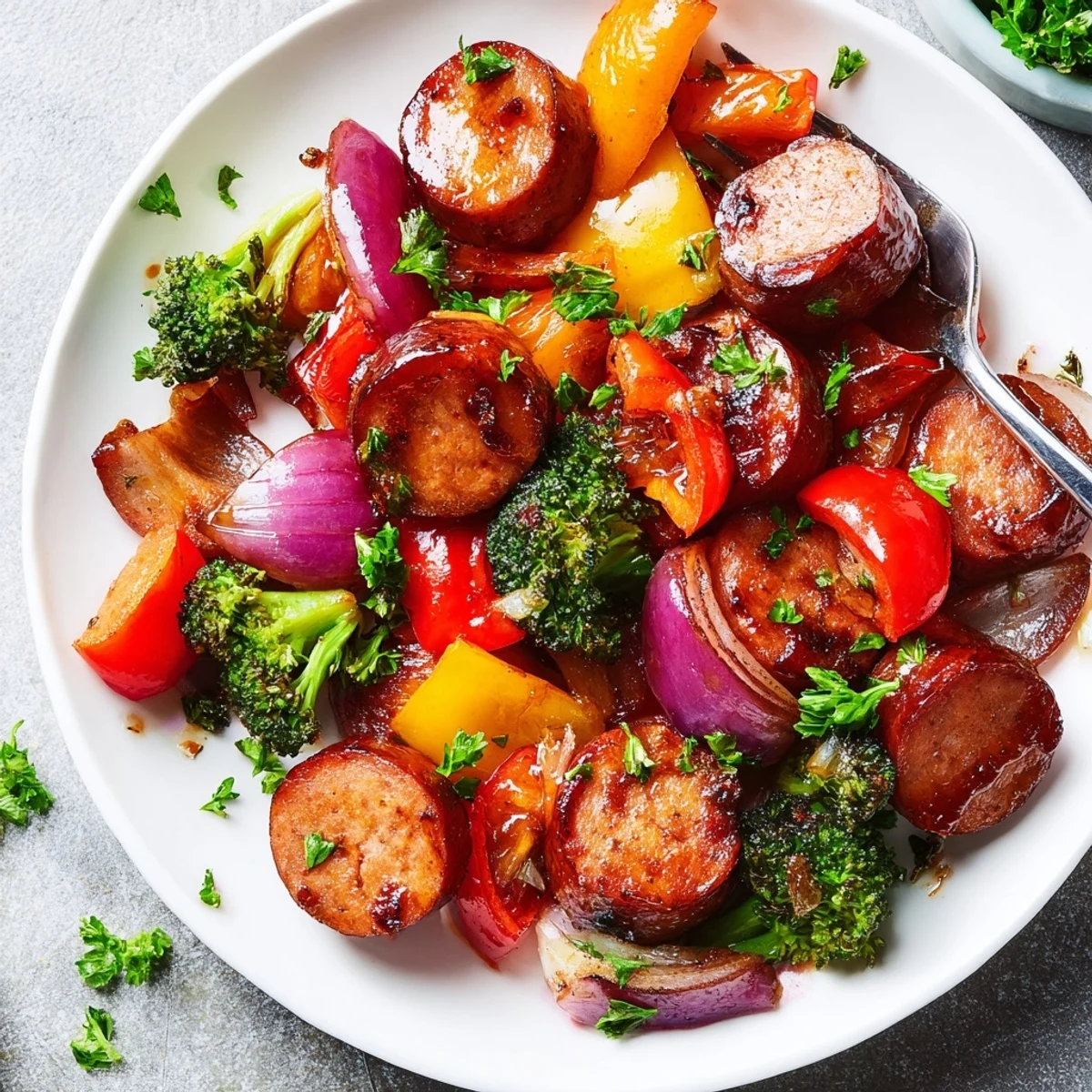 One pan honey garlic kielbasa dinner with caramelized broccoli peppers and red onion wedges