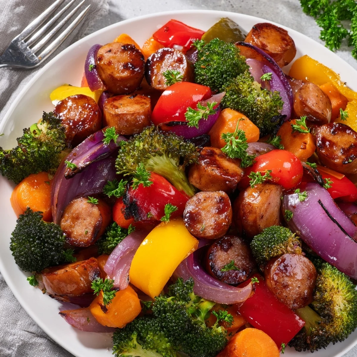Golden roasted kielbasa and colorful vegetables coated in a sticky honey garlic glaze on a sheet pan