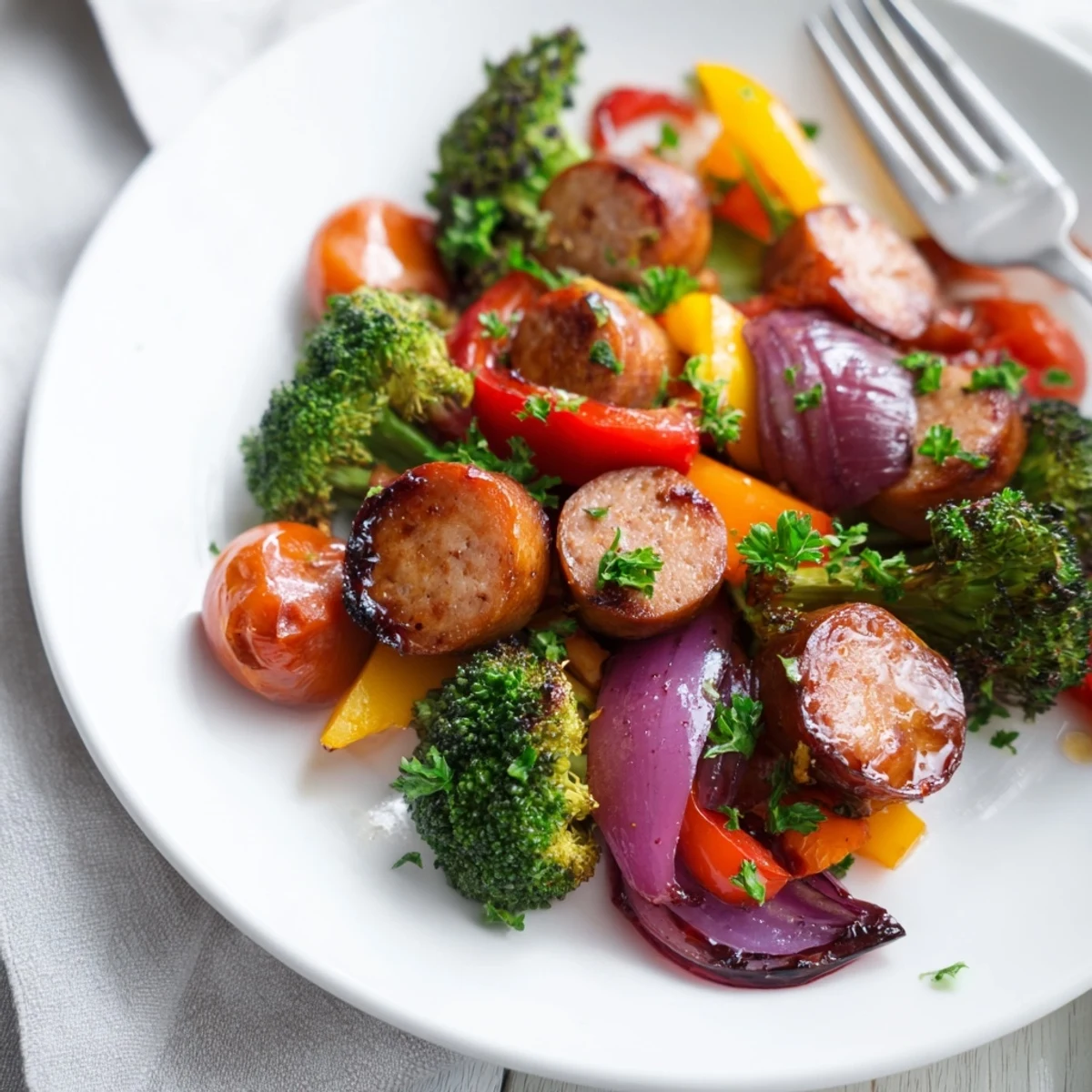 Easy sheet pan meal featuring smoked sausage and veggies tossed in sweet savory honey garlic sauce