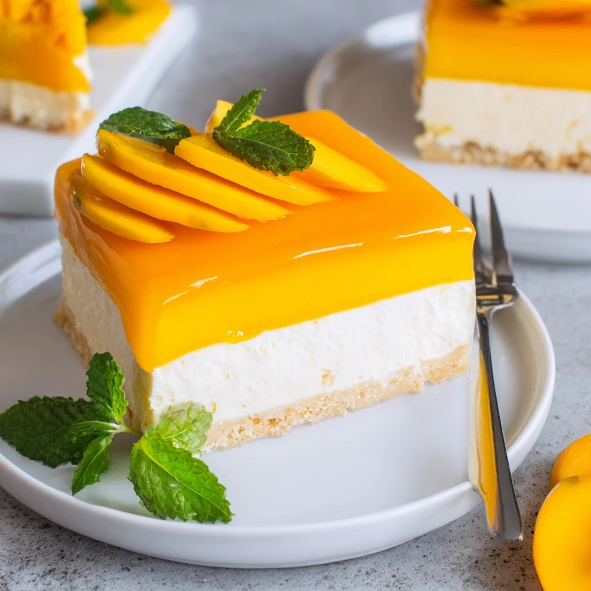 Golden mango mousse cake with glossy glaze and fresh mango slices on white plate