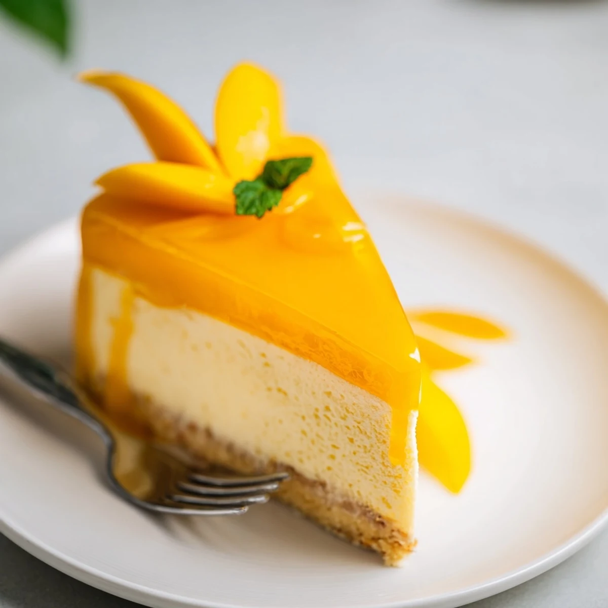 Light and fluffy mango mousse cake layered over tender sponge with vibrant yellow topping