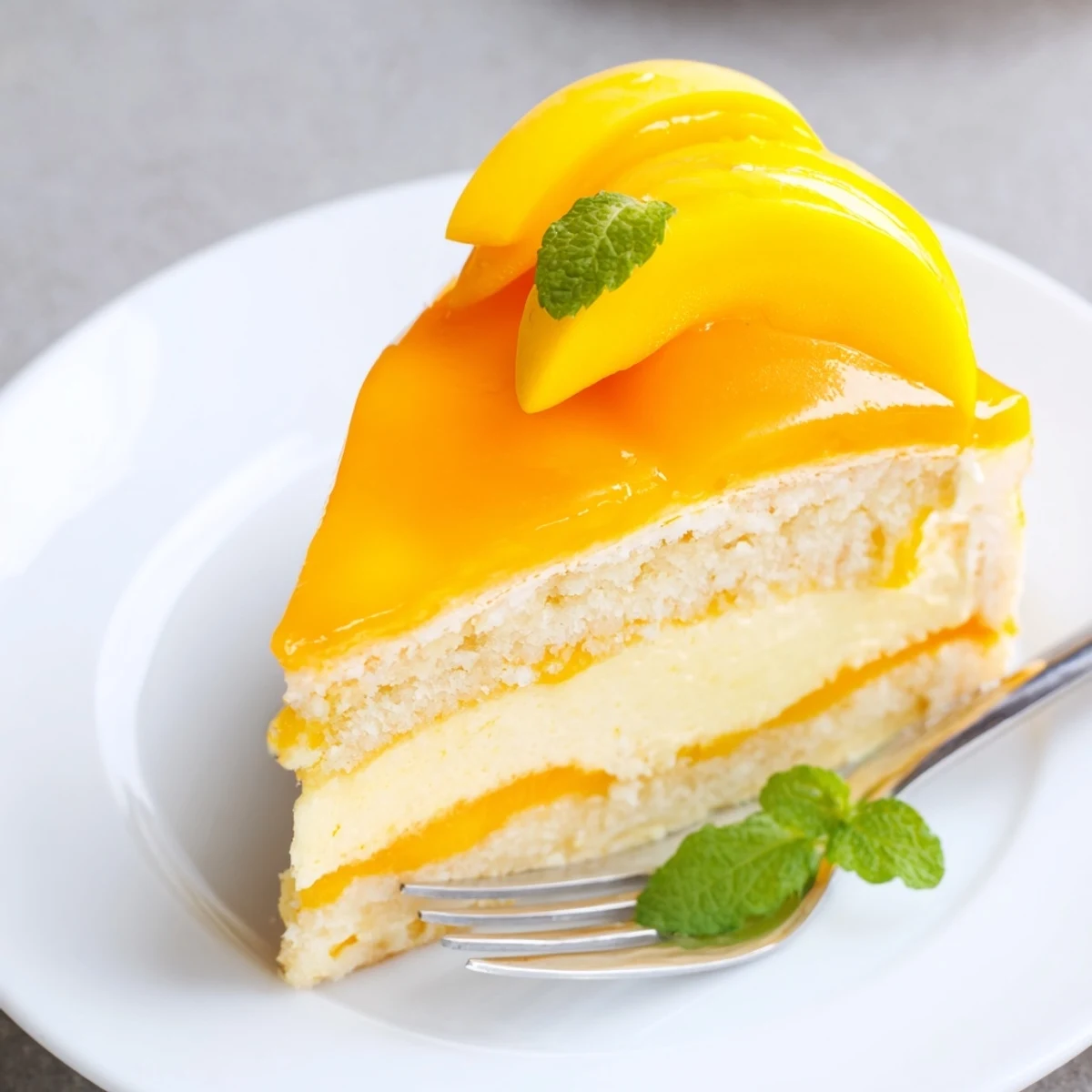 Elegant mango mousse cake featuring airy mousse, sponge base, and glistening fruit glaze
