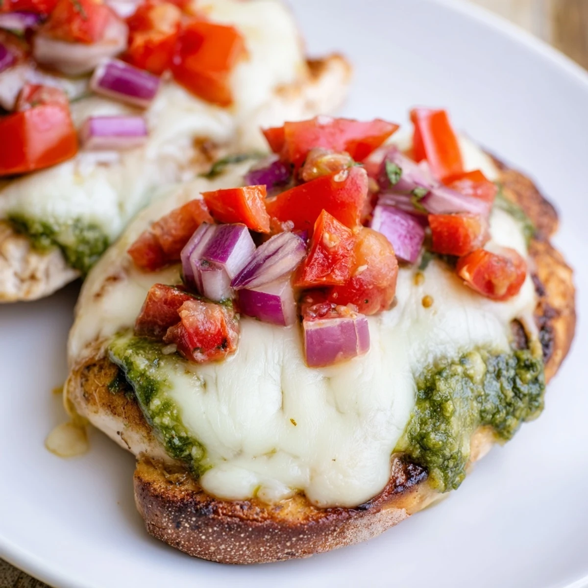 Golden baked Pesto Bruschetta Chicken topped with melted mozzarella and fresh tomato bruschetta