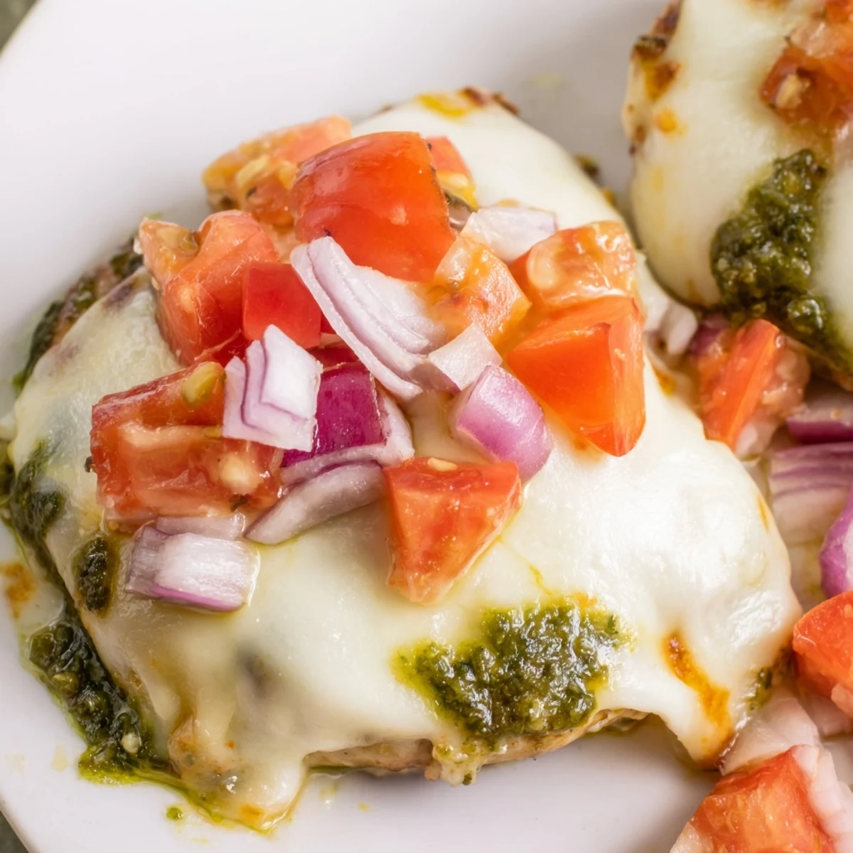 Sizzling Pesto Bruschetta Chicken with bubbly cheese and vibrant Mediterranean-style bruschetta garnish
