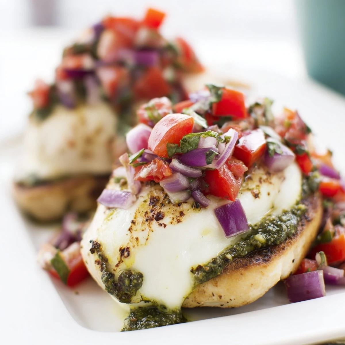 Tender chicken breasts layered with green basil pesto and juicy diced tomato topping