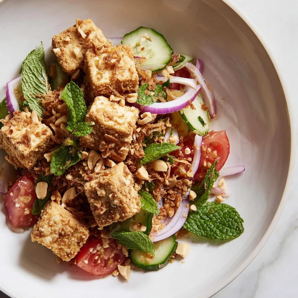 Burmese tofu salad with crisp vegetables, herbs, and tangy lime dressing topped with crunchy peanuts