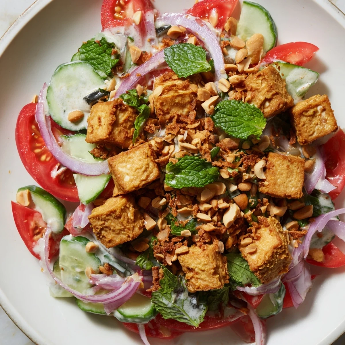 Vegan tofu thoke salad featuring crispy fried shallots, roasted peanuts, and fresh mint coriander garnish