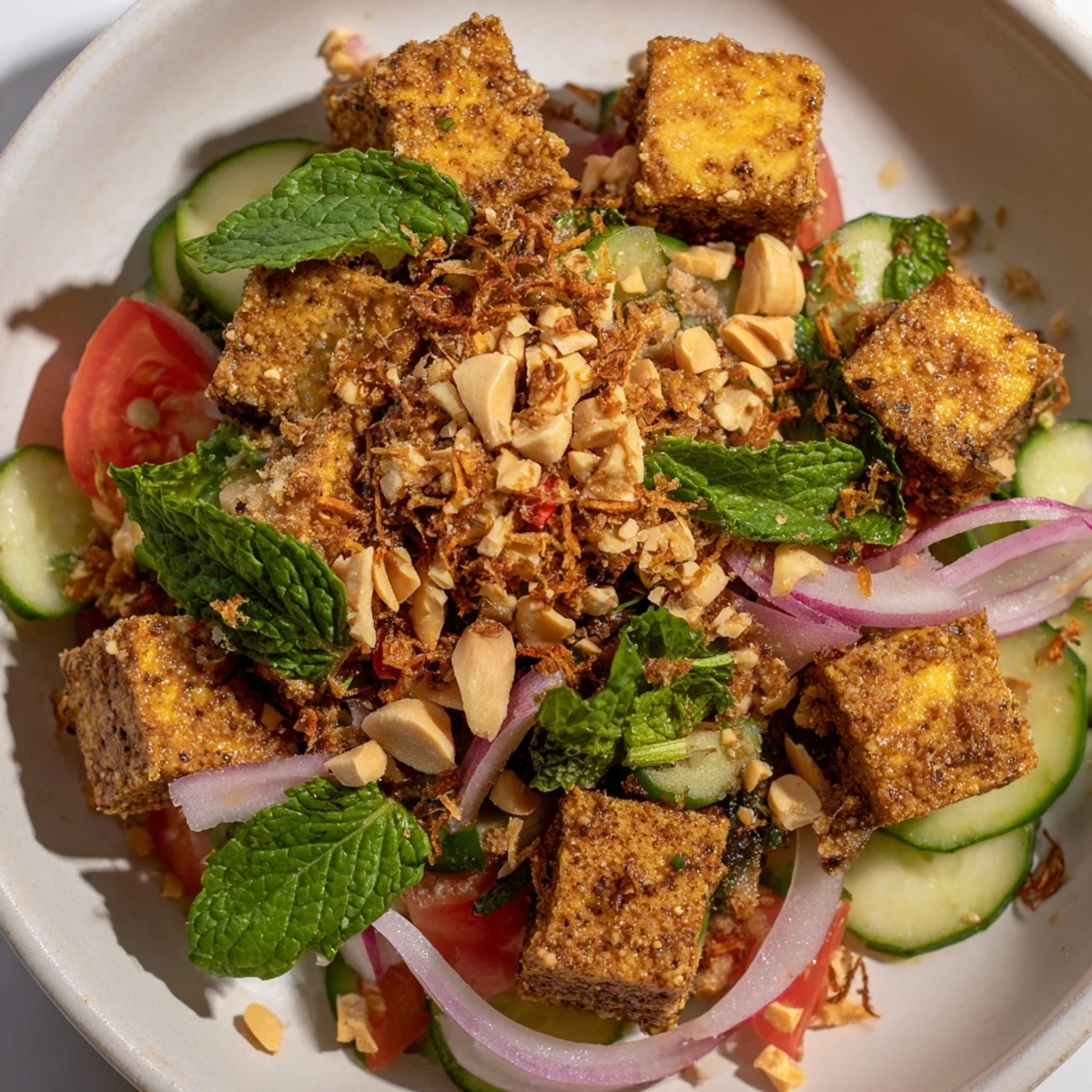 Golden silken tofu tossed with fresh cucumber, tomato, and aromatic herbs in nutty sesame lime dressing