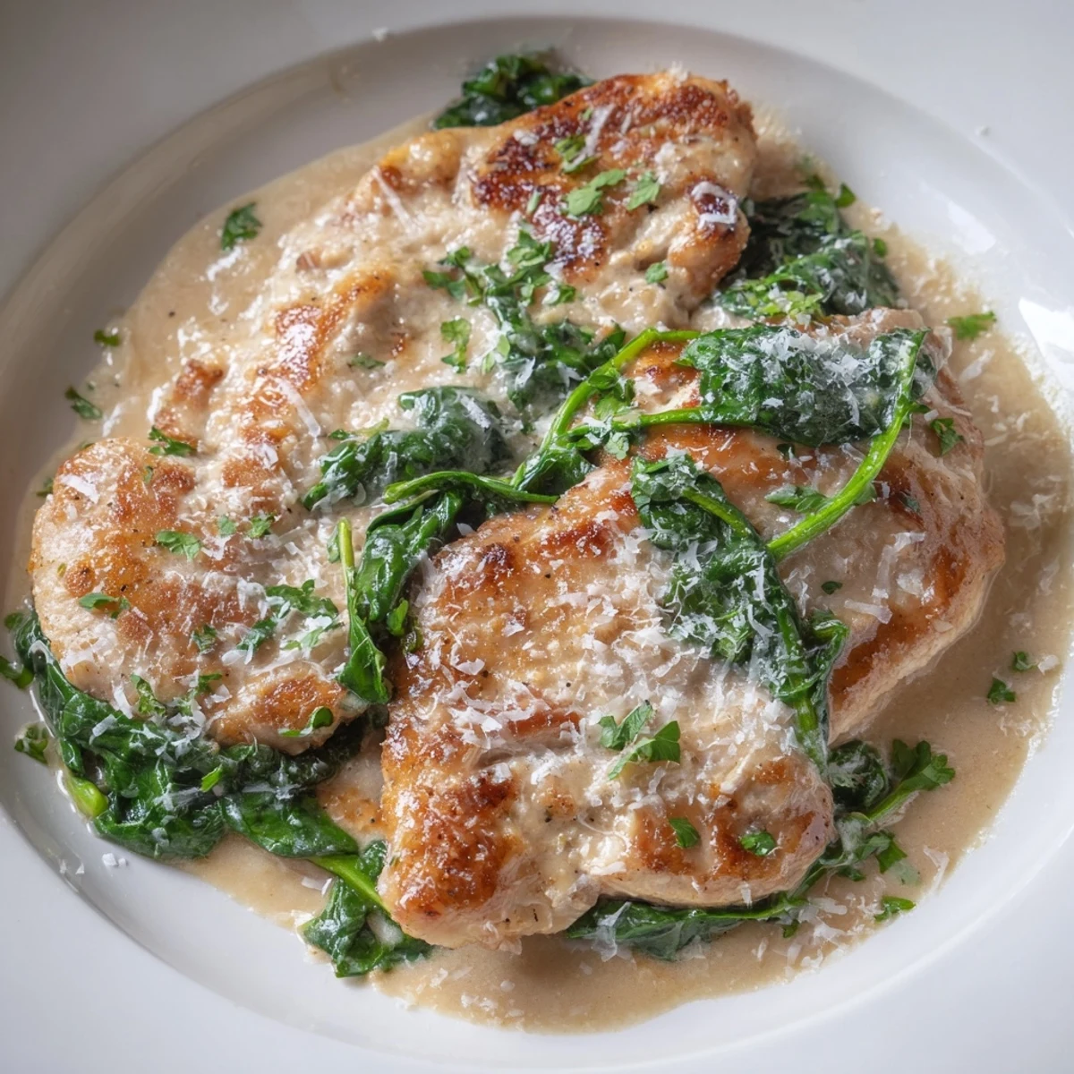 Golden brown chicken breasts simmered in a rich garlic parmesan sauce with fresh wilted spinach